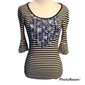 Anthropologie Little Yellow Button Blouse Striped Ruffles Size XS